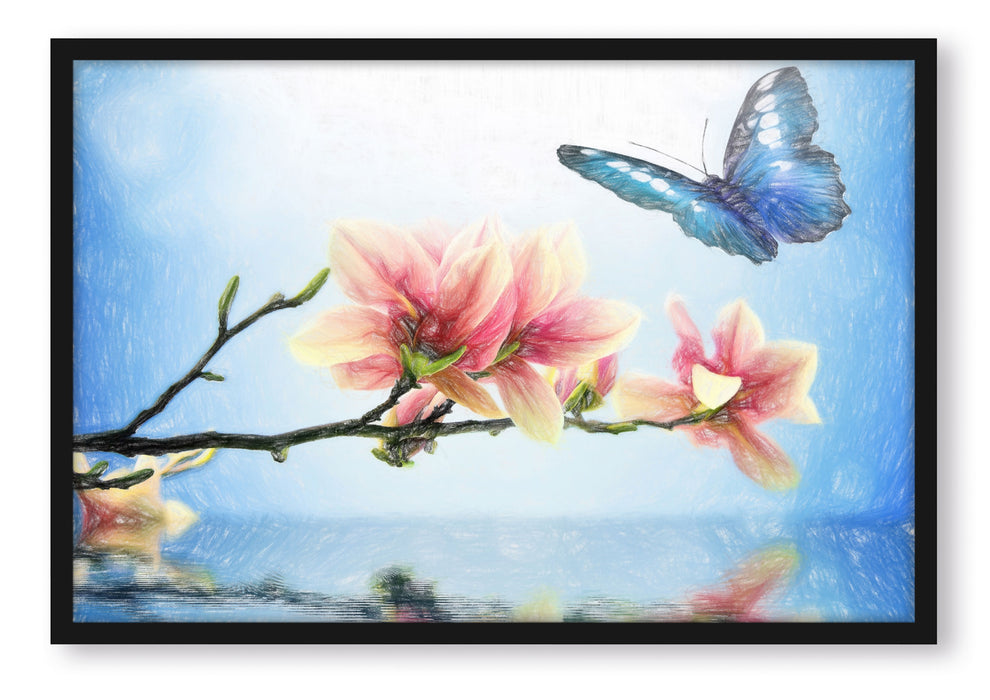 Pixxprint Schmetterling mit Magnolien-Blüte, Poster mit Bilderrahmen
