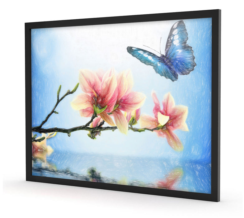 Schmetterling mit Magnolien-Blüte, Poster mit Bilderrahmen