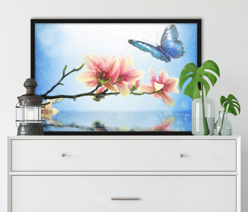 Schmetterling mit Magnolien-Blüte, Poster mit Bilderrahmen