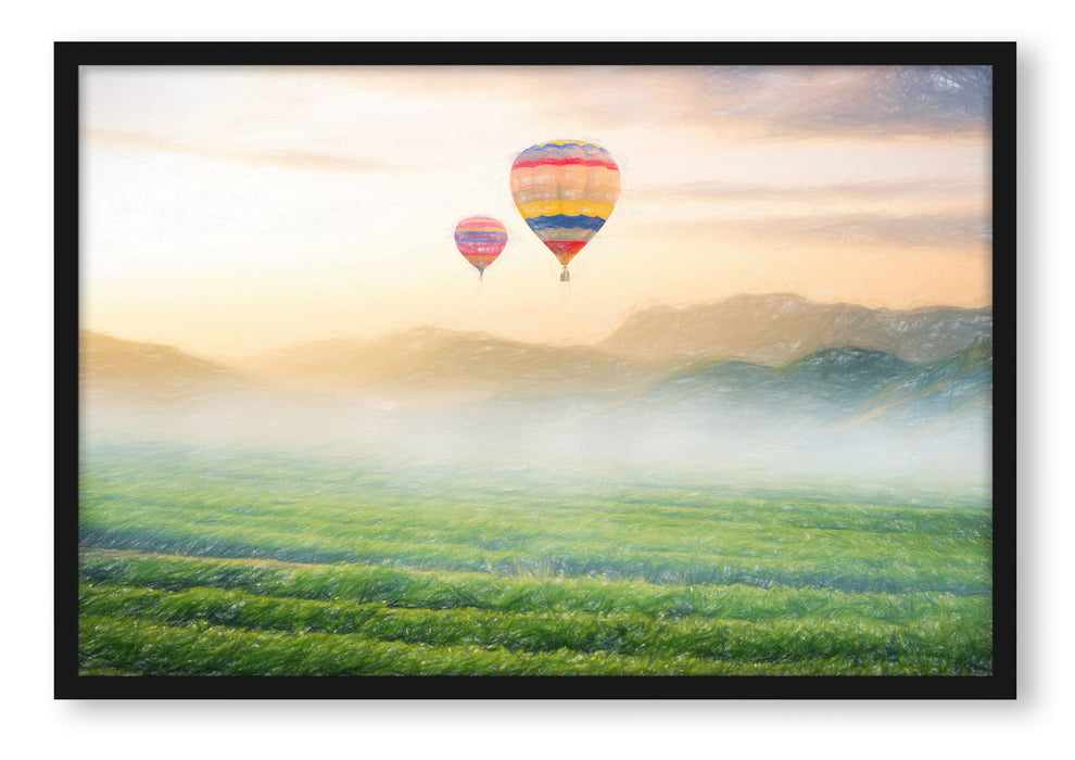 Heißluftballon Landschaft, Poster mit Bilderrahmen