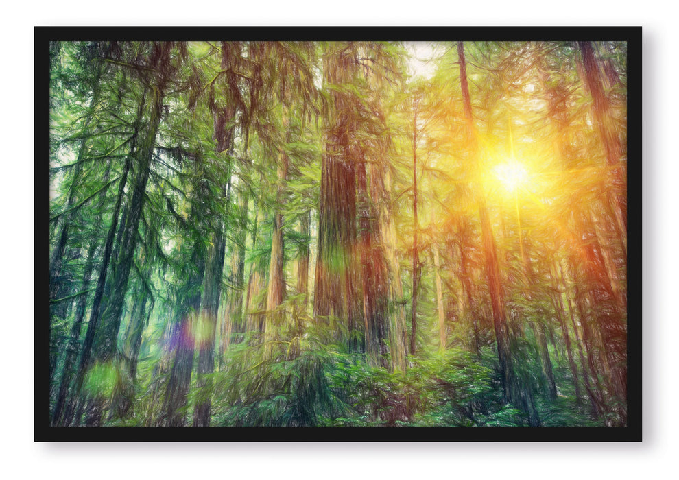Pixxprint Wald bei Sonnenlicht, Poster mit Bilderrahmen