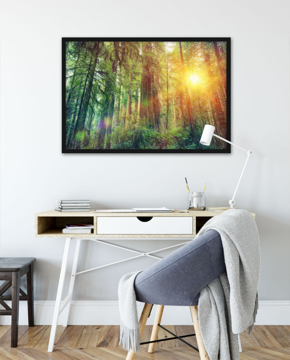 Wald bei Sonnenlicht, Poster mit Bilderrahmen