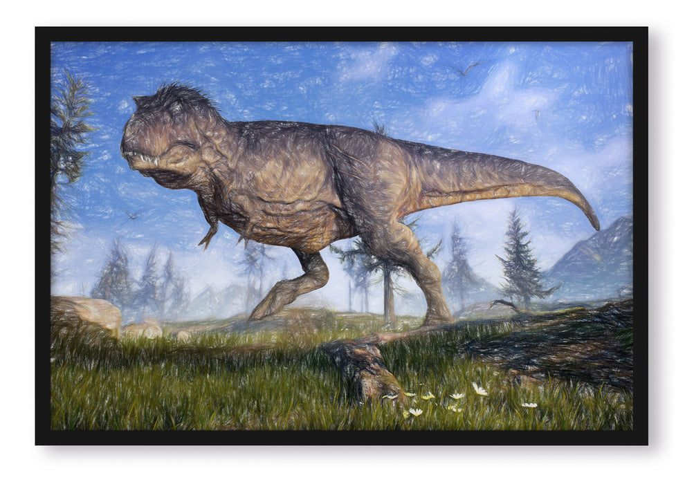 Pixxprint T-Rex Dinosaurier in der Natur, Poster mit Bilderrahmen