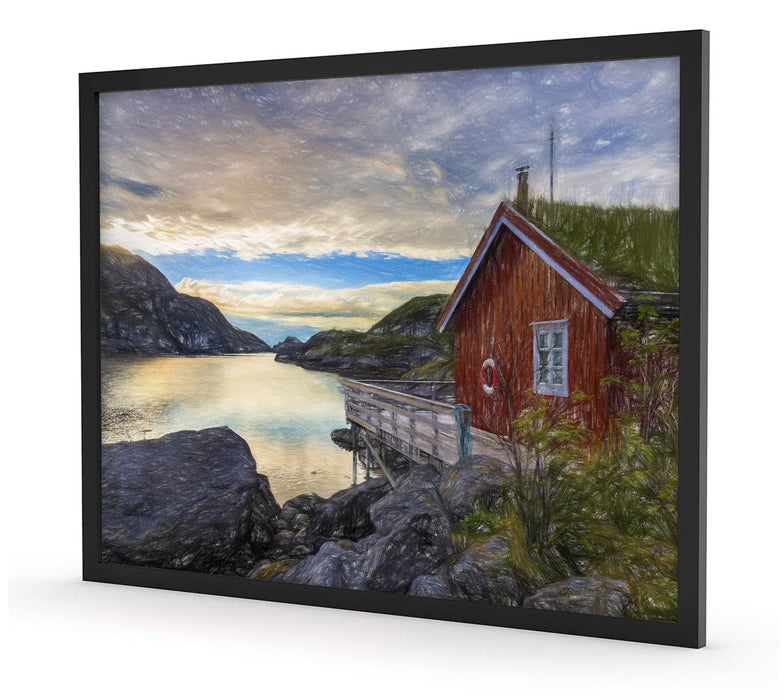 Sonnenaufgang am Fjord Norwegens, Poster mit Bilderrahmen