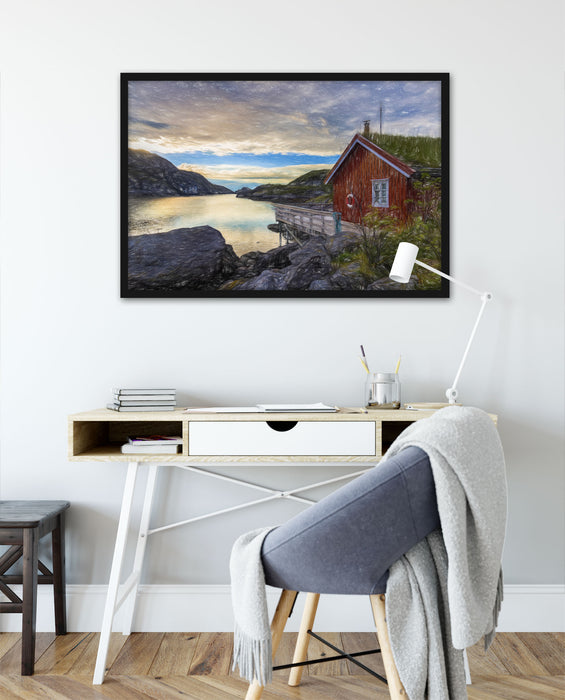 Sonnenaufgang am Fjord Norwegens, Poster mit Bilderrahmen