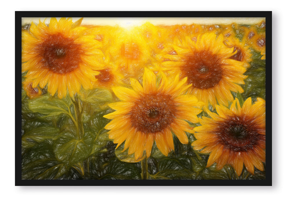 Sonnenblumen auf dem Feld, Poster mit Bilderrahmen