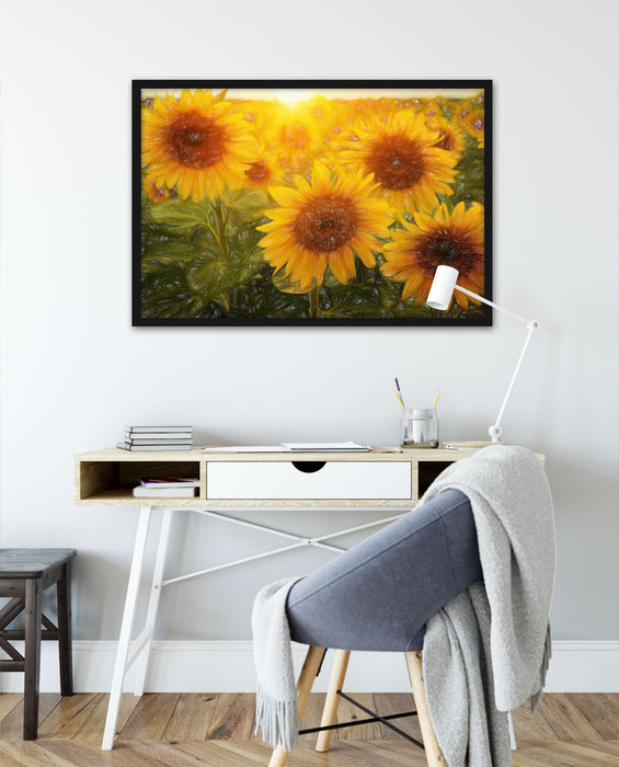 Sonnenblumen auf dem Feld, Poster mit Bilderrahmen