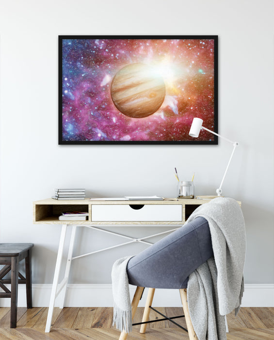 Planet Jupiter im Universum, Poster mit Bilderrahmen