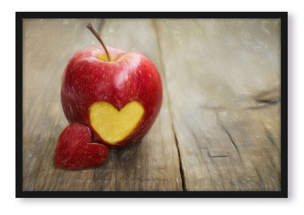 Herzschnitzerei in Apfel, Poster mit Bilderrahmen