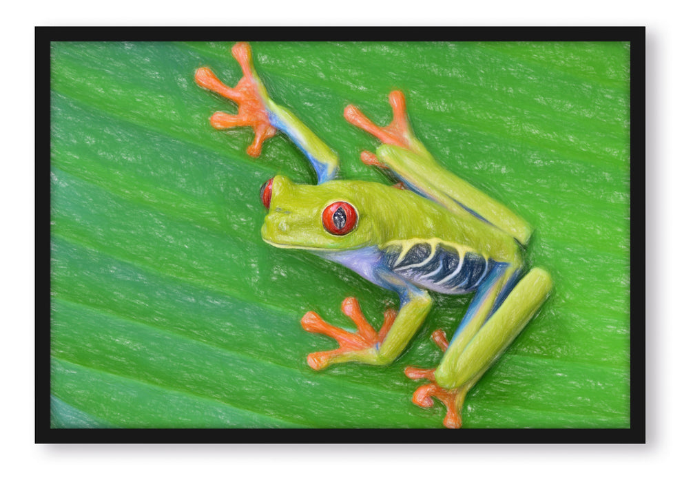 Pixxprint kleiner Frosch auf Blatt, Poster mit Bilderrahmen