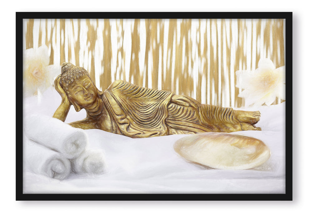 Pixxprint goldener Buddha auf Handtuch, Poster mit Bilderrahmen