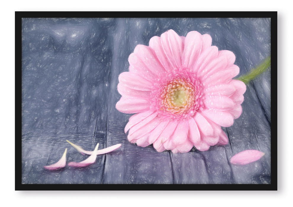 Pixxprint pinke Gerbera auf rustikalem Boden, Poster mit Bilderrahmen