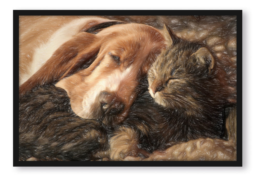 Pixxprint Katze und Hund kuschelnd, Poster mit Bilderrahmen