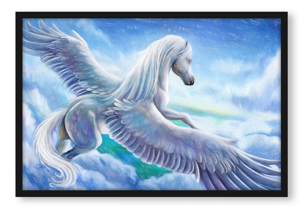 Pegasus fliegt über den Wolken, Poster mit Bilderrahmen