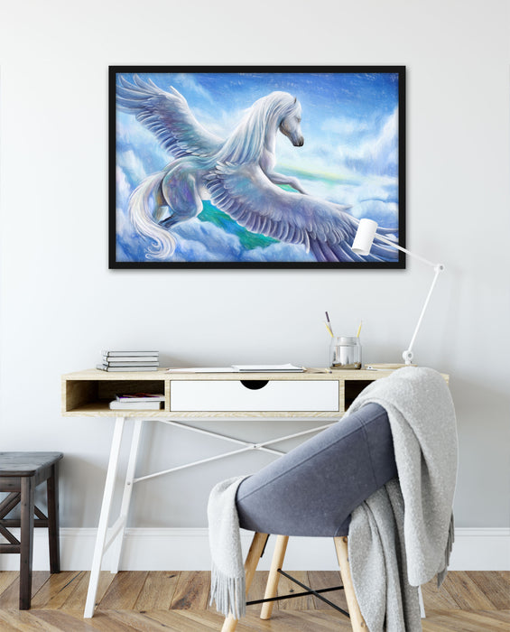 Pegasus fliegt über den Wolken, Poster mit Bilderrahmen