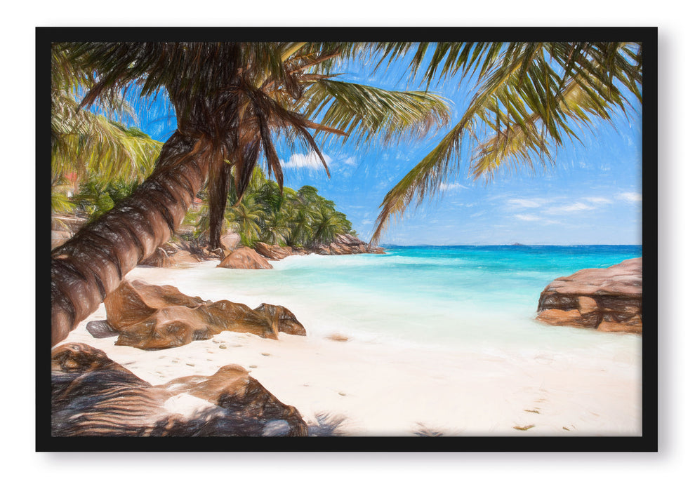 Pixxprint Palmenstrand Seychellen, Poster mit Bilderrahmen