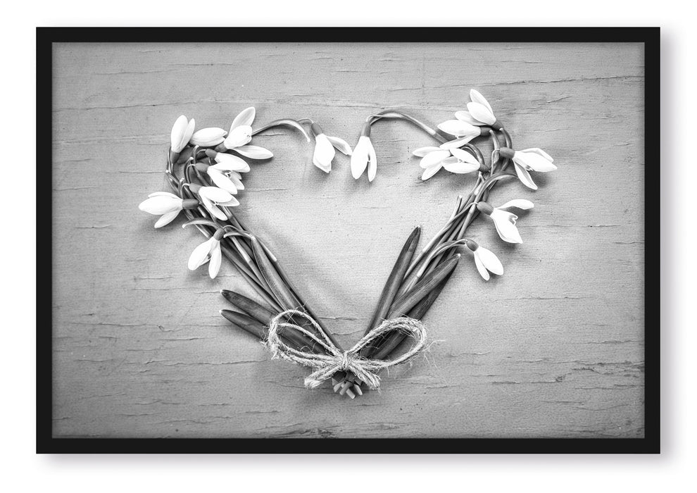 Pixxprint Herz aus Blumen Kunst B&W, Poster mit Bilderrahmen