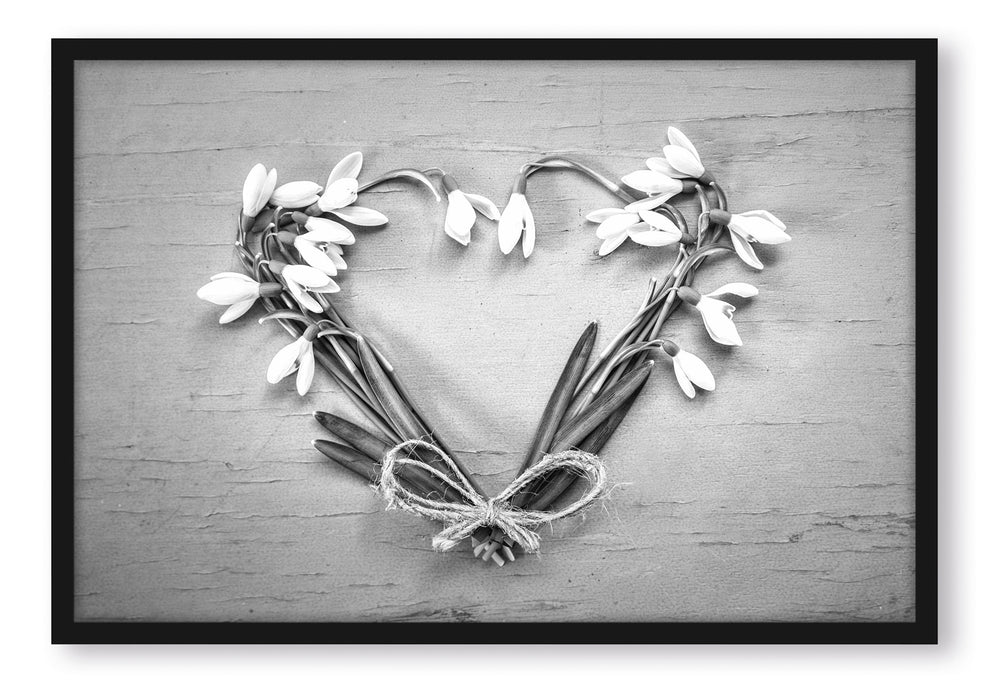 Herz aus Blumen Kunst B&W, Poster mit Bilderrahmen