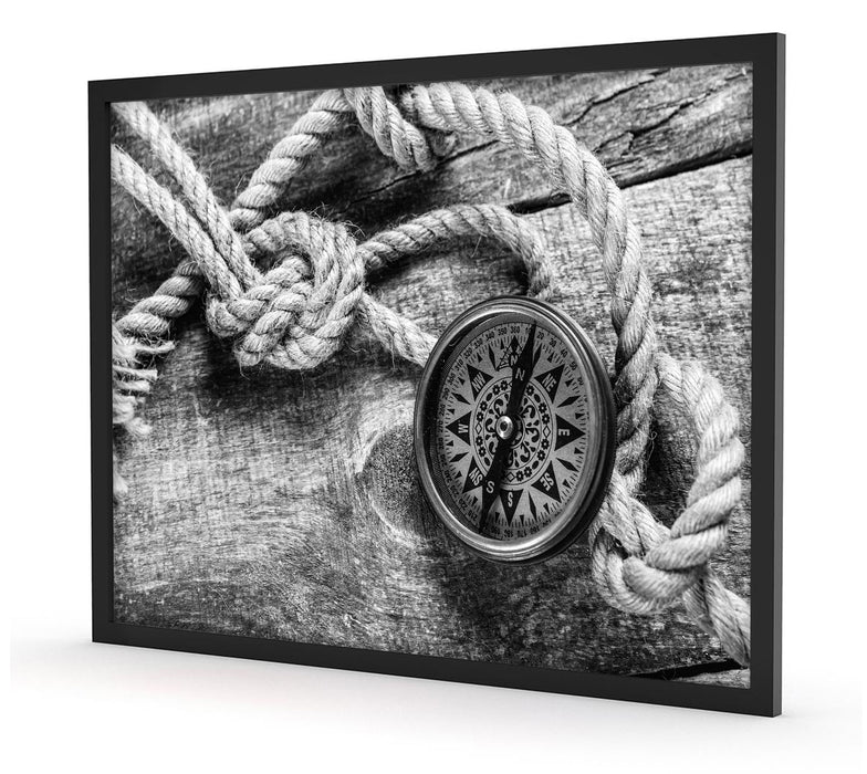 Schiffseil und Kompass, Poster mit Bilderrahmen