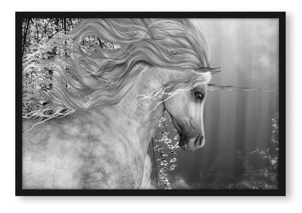 Pixxprint wunderbares Einhorn Kunst B&W, Poster mit Bilderrahmen