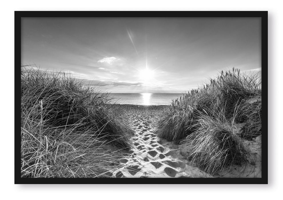 Pixxprint der Weg ins Meer Kunst B&W, Poster mit Bilderrahmen