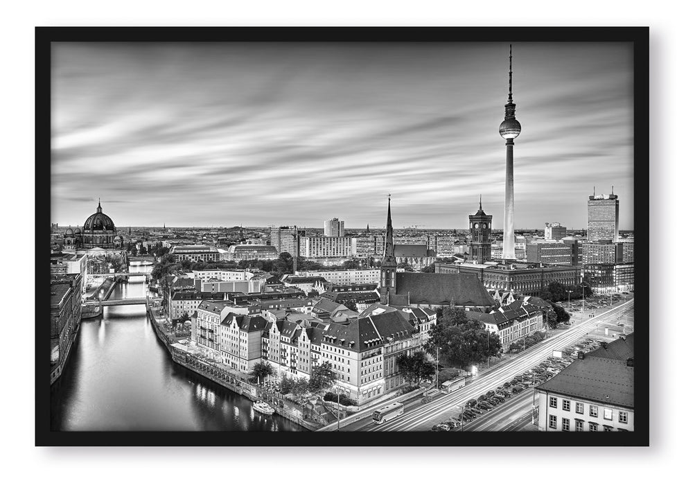 Berlin City Panorama Kunst B&W, Poster mit Bilderrahmen