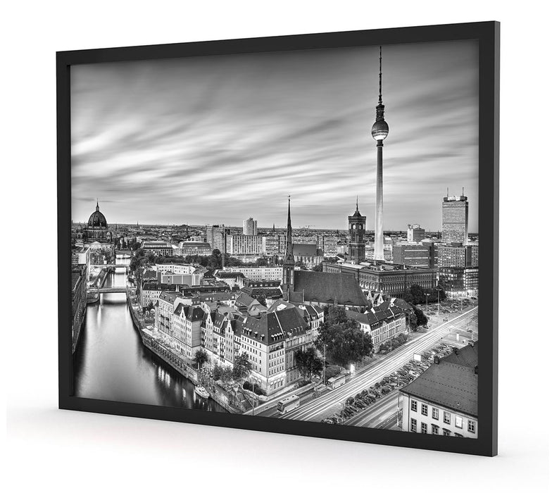 Berlin City Panorama Kunst B&W, Poster mit Bilderrahmen
