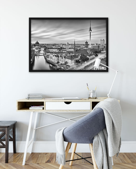 Berlin City Panorama Kunst B&W, Poster mit Bilderrahmen