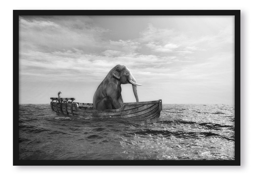 Pixxprint sitzender Elefant im Boot, Poster mit Bilderrahmen