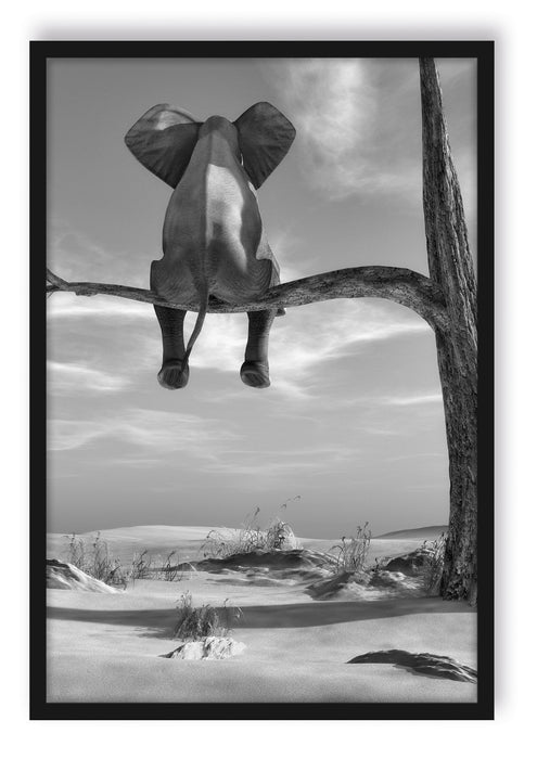 Pixxprint Elefant auf einem Ast in der Wüste, Poster mit Bilderrahmen