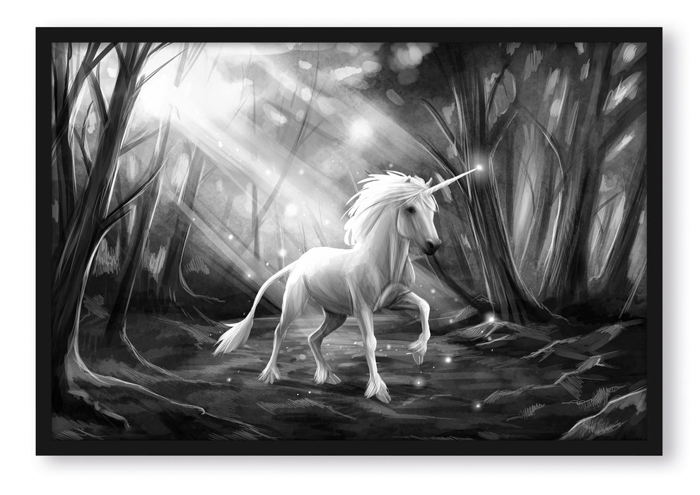 Pixxprint Einhorn im Märchenwald, Poster mit Bilderrahmen