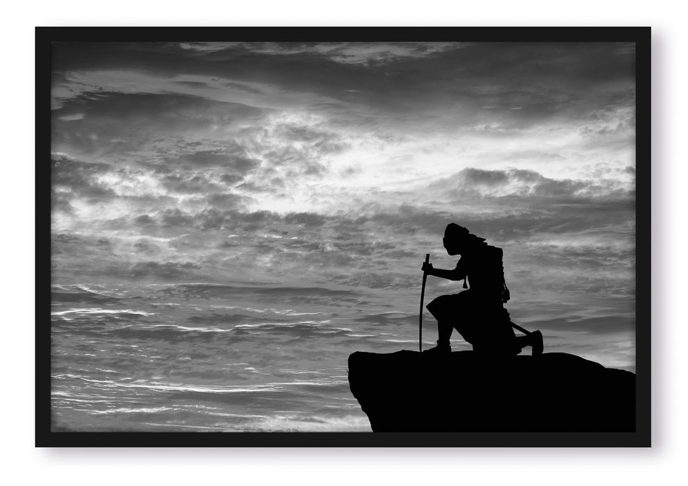 Pixxprint Samurai auf der Spitze des Berges, Poster mit Bilderrahmen