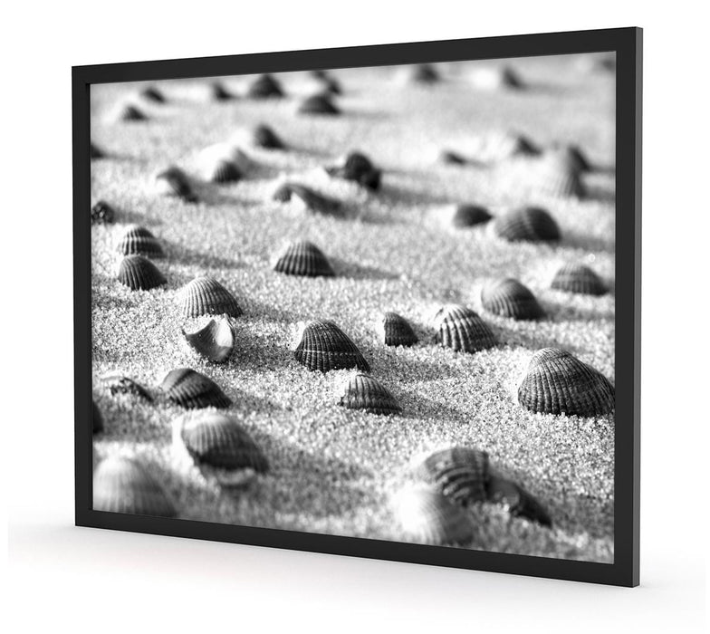 Muscheln im Sand Kunst B&W, Poster mit Bilderrahmen