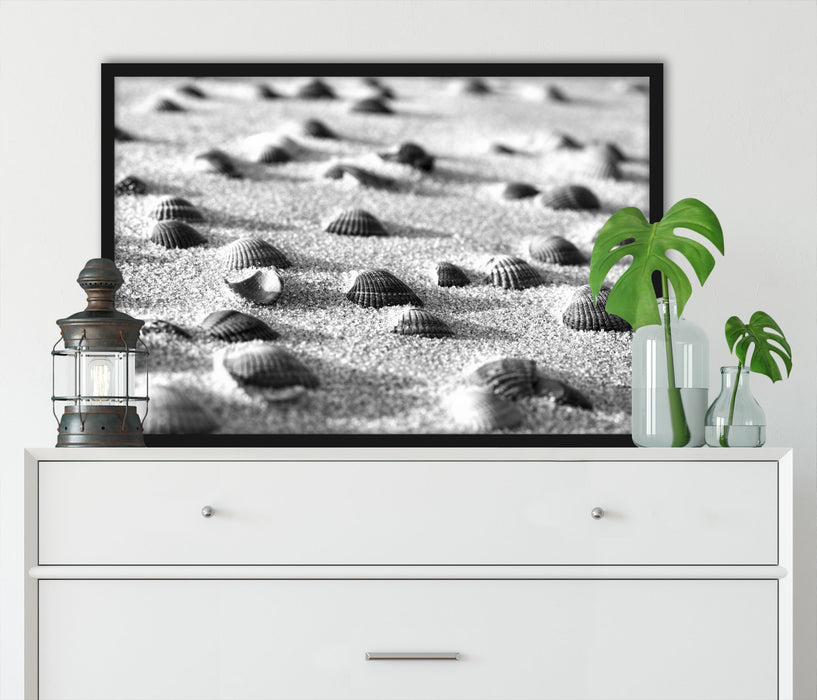 Muscheln im Sand Kunst B&W, Poster mit Bilderrahmen