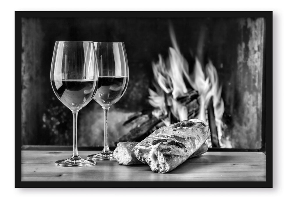 Pixxprint Baguette Wein Alkohol, Poster mit Bilderrahmen