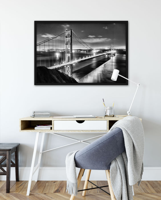 Golden Gate Bridge bei Nacht, Poster mit Bilderrahmen