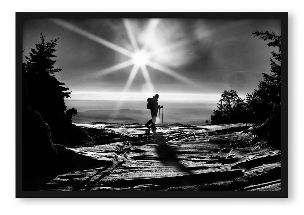 Pixxprint Wintersport Sonnenuntergang Ski, Poster mit Bilderrahmen