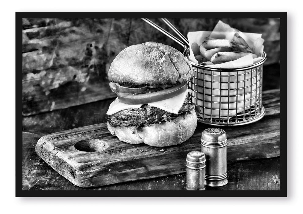 Pixxprint Cheesburger mit Pommes, Poster mit Bilderrahmen