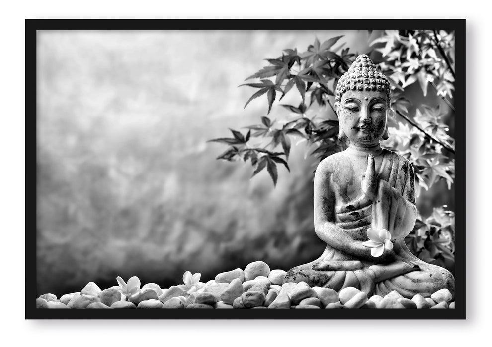 Pixxprint Buddha auf Steinen mit Monoi Blüte, Poster mit Bilderrahmen