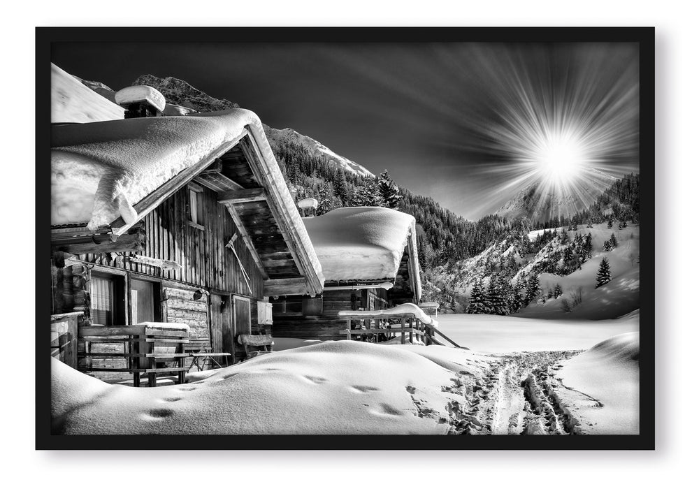 Verschneite Alpenhütte, Poster mit Bilderrahmen