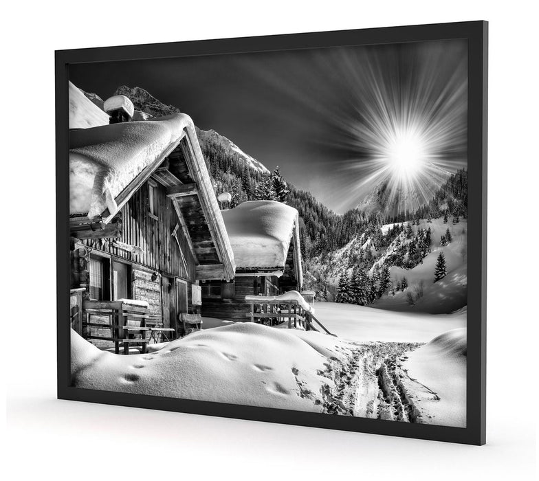 Verschneite Alpenhütte, Poster mit Bilderrahmen