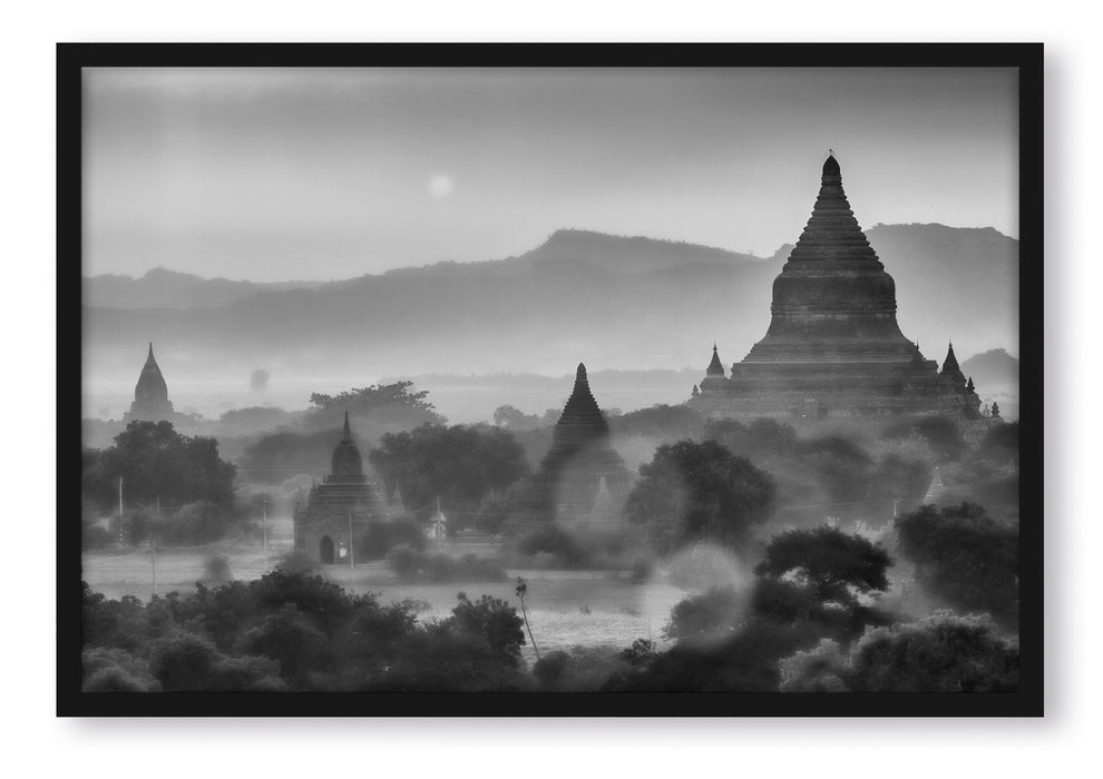 Pixxprint Buddha Tempel im Sonnenuntergang, Poster mit Bilderrahmen