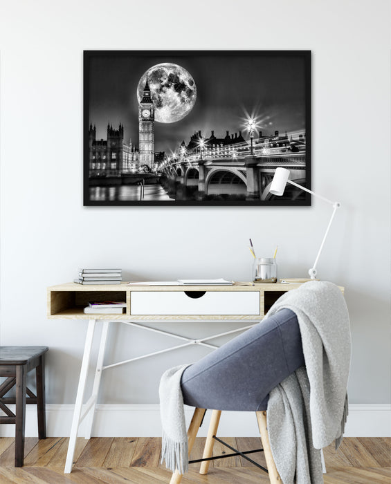 Big Ben vor Mond in London, Poster mit Bilderrahmen