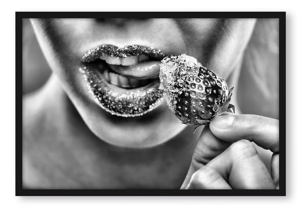 Pixxprint Erdbeere Zucker Lippen, Poster mit Bilderrahmen