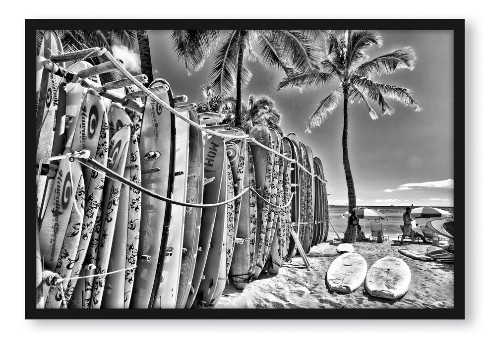 Pixxprint Surfboards am Strand, Poster mit Bilderrahmen