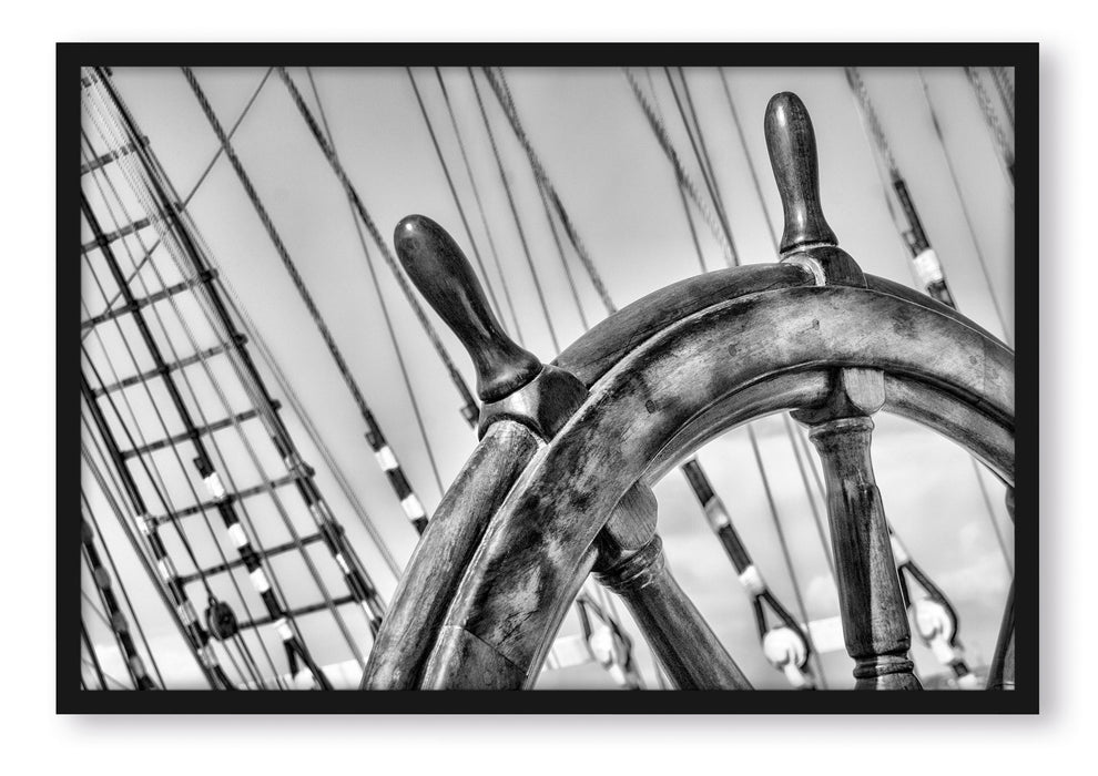 Pixxprint Steuerrad auf dem Schiff, Poster mit Bilderrahmen
