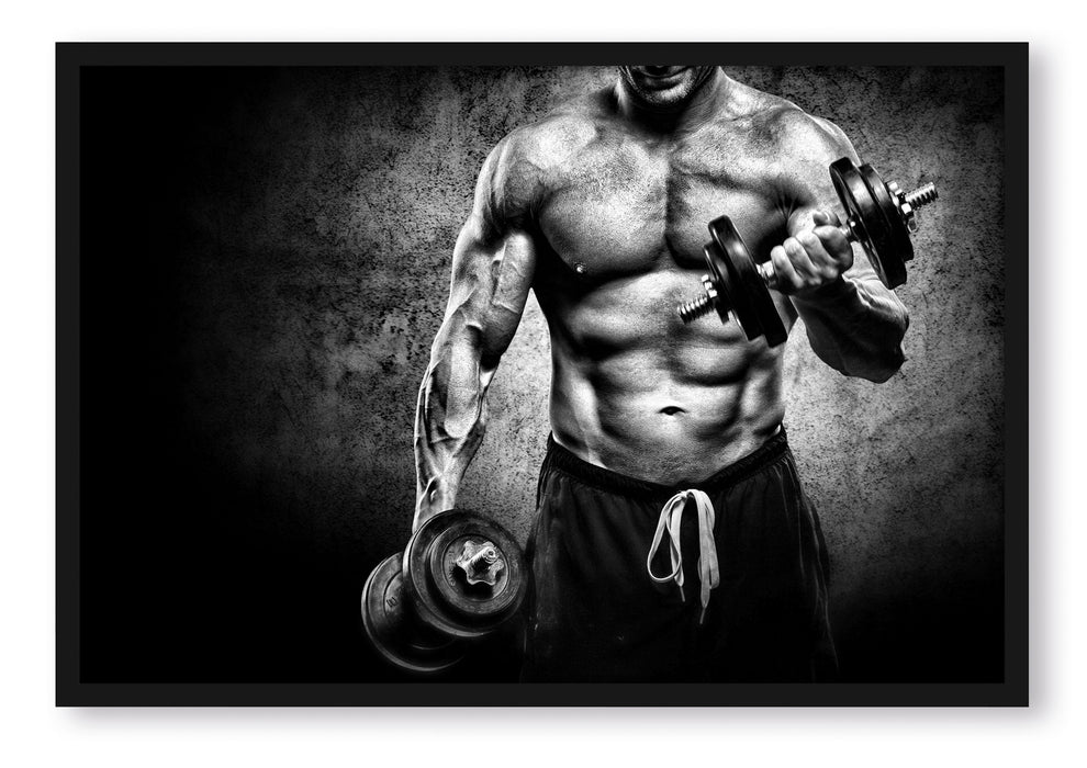 Pixxprint Starker Bodybuilder mit Hantel, Poster mit Bilderrahmen