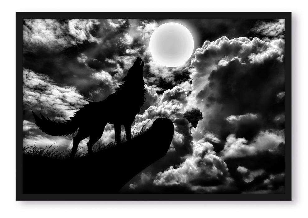 Wolf im Mondschein, Poster mit Bilderrahmen