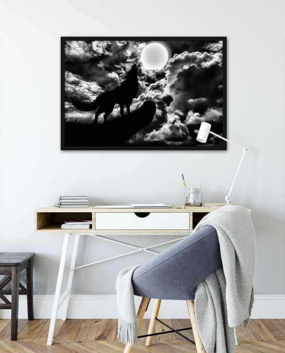 Wolf im Mondschein, Poster mit Bilderrahmen