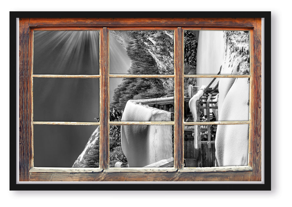 Pixxprint Verschneite Alpenhütte, Poster mit Bilderrahmen